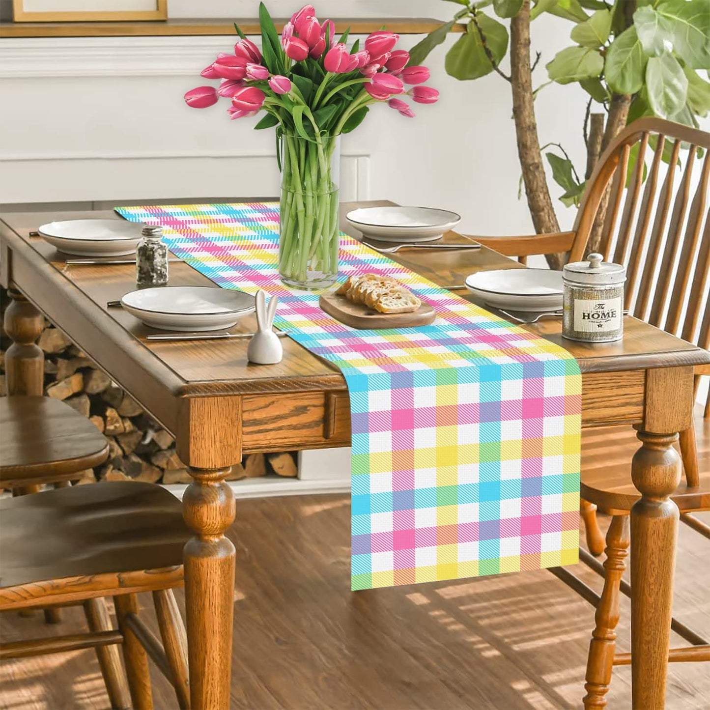 Linen Easter Blue Pink Yellow Buffalo Check Plaid Table Runner 72 Inches Long Spring Summer Holiday Farmhouse Table Decor for Dining Room Kitchen Home Party