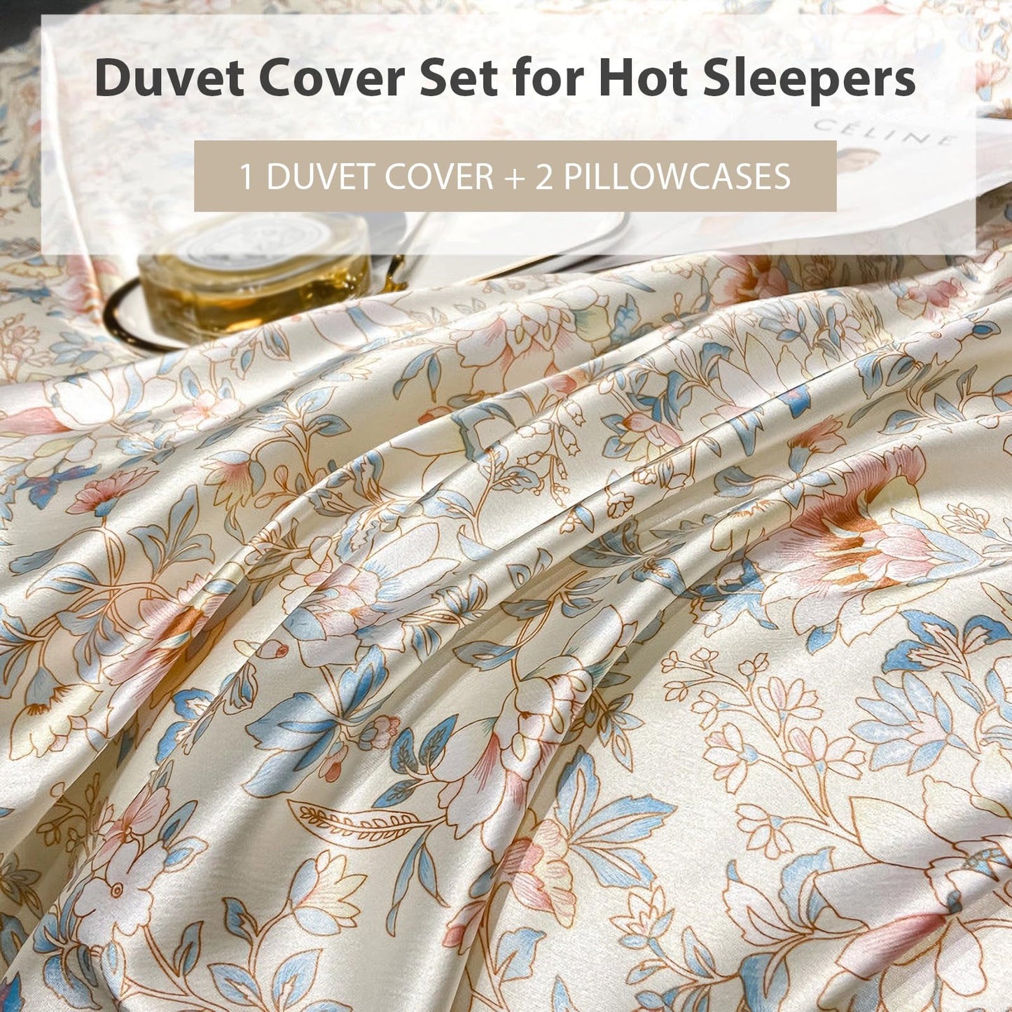 TodaFre Beige Satin Duvet Cover Queen Size, Cooling Breathable Bedding Set for Hot Sleepers - 1 Floral Patterned Duvet Cover 90x90 Inches with Zipper Closure, 2 Pillowcases