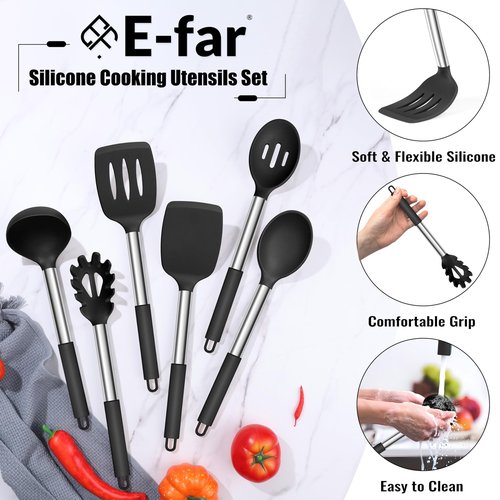 E-far 14 Pieces Silicone Cooking Utensils Set, Kitchen Utensils Set with Holder, Spatula, Ladle, Spoon, Tong, Slotted Turner for Nonstick Cookware, Heat Resistant & Stainless Steel Handle, Black