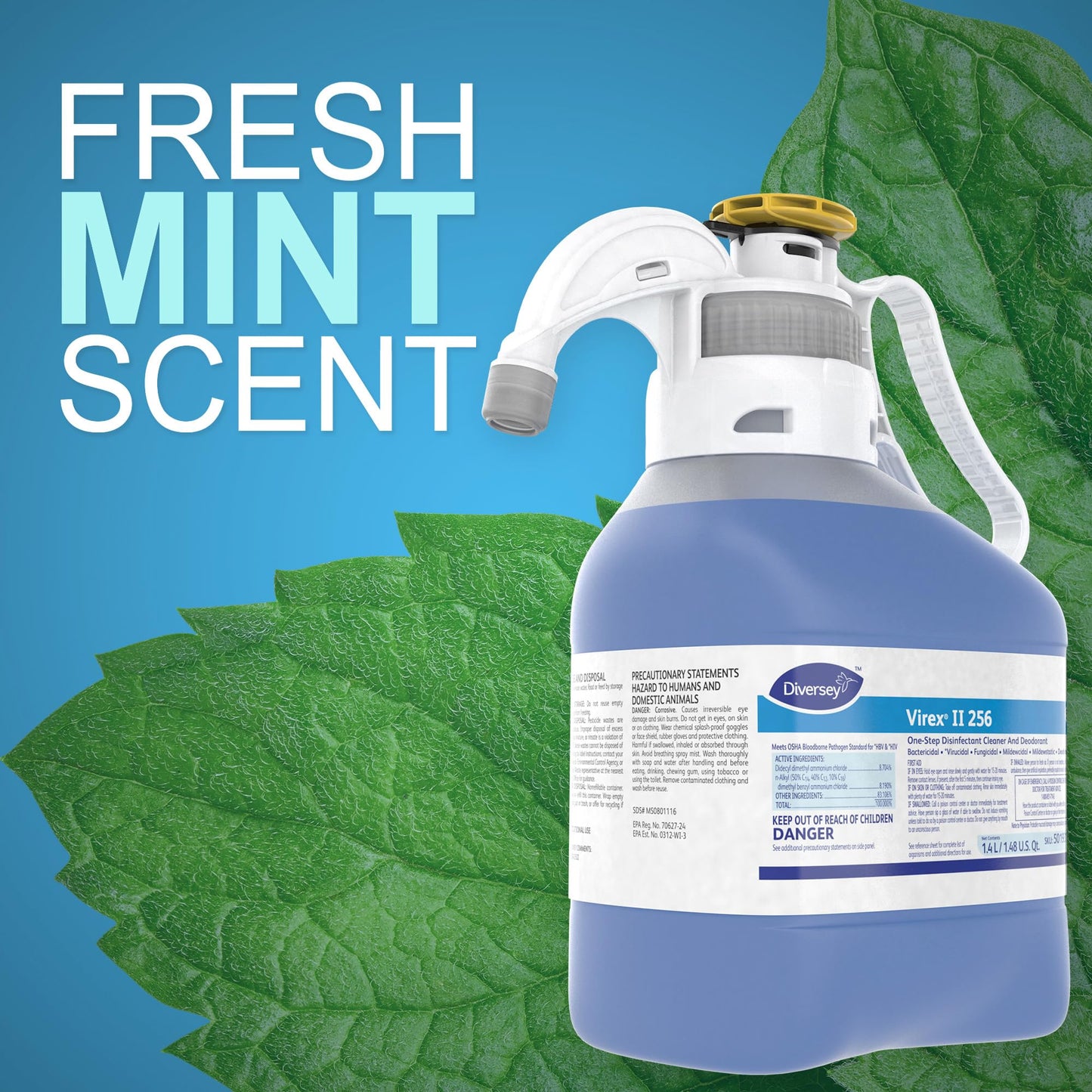 VIREX Diversey II 256 5019317 Disinfectant Cleaner Concentrate, Multi-Surface for Home & Commercial Use, Odor Control, Mint Scent, SmartDose SmartDose Bottle, 1.4 Liter
