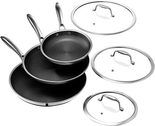 HexClad Hybrid Nonstick Frying Pan Set - 6-Piece with Tempered Glass Lids | 8, 10, 12-Inch, Induction Ready