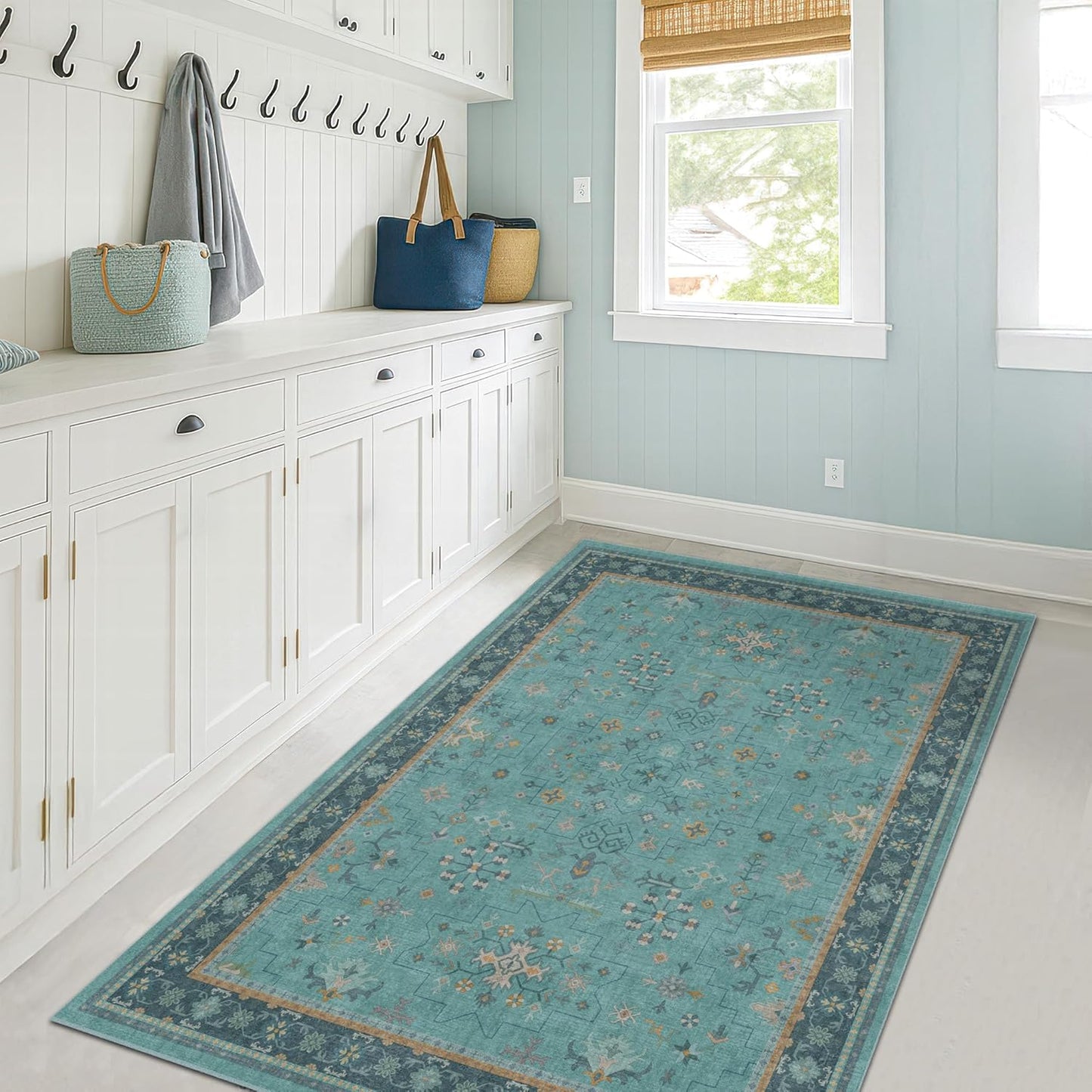 Skiennix Washable Teal Rug - 3x5 Indoor Throw Rug for Kitchen, Bedroom, Bathroom | Non-Slip, Fade-Resistant Design