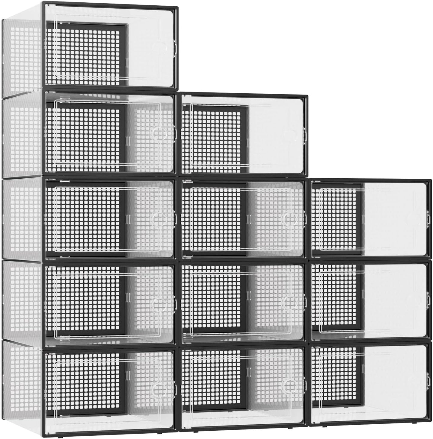 Kuject Shoe Storage Boxes - Clear Plastic Organizers, Stackable 12 Pack for Sneakers & Toys | XXX-Large, Black