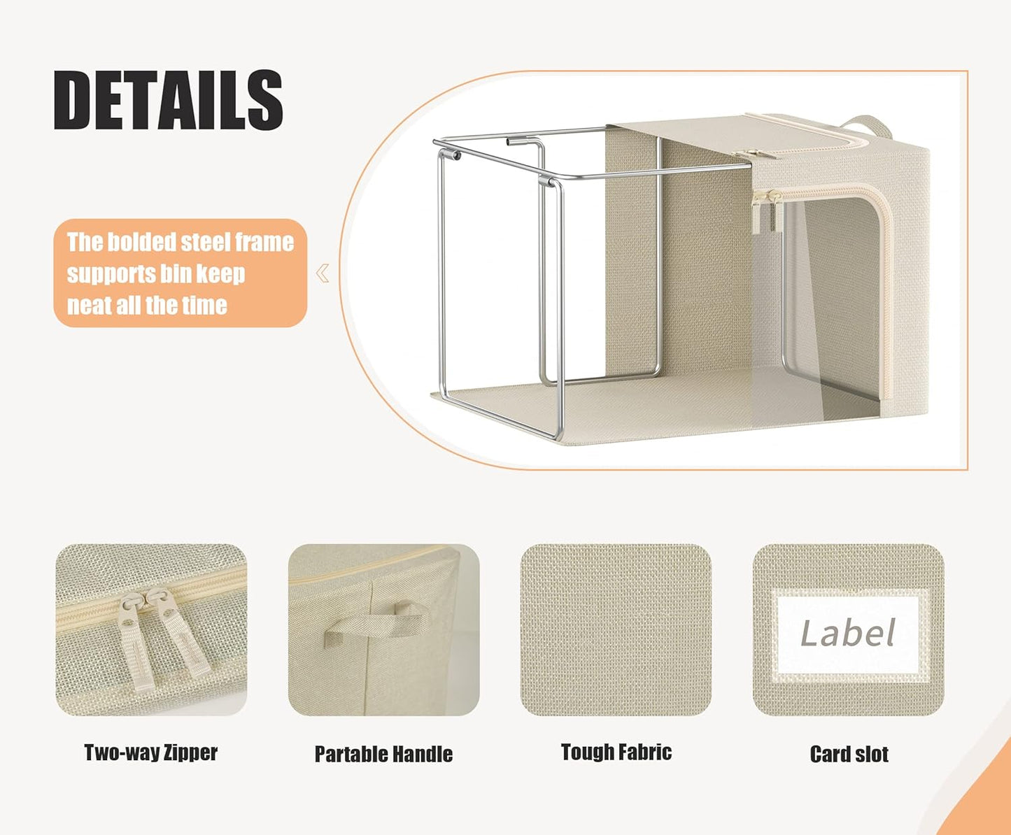 Regine Switzerland Large Clothes Storage Bins - Foldable with Metal Frame, Clear Window & Zippers | 3-Pack, Beige, 66L