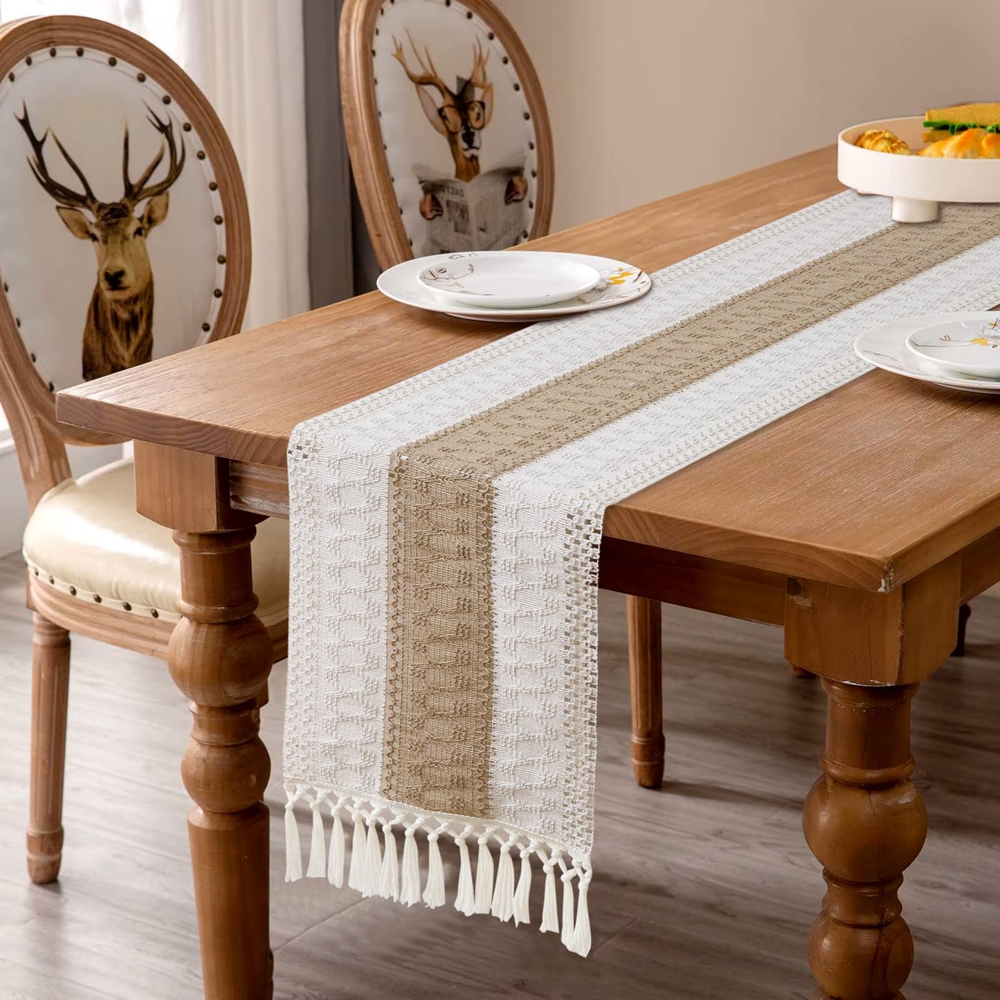 OTOSTAR Boho Table Runner with Tassels 60 Inches Long Farmhouse Rustic Table Runner Macrame Burlap Table Decoration for Home Decor Living Room Bridal Shower, Single Striped (12x60 Inches)