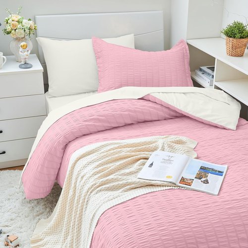 HYMOKEGE Twin XL Comforter Set - 5-Piece Seersucker Luxury Bedding in Pink/Ivory for All Seasons