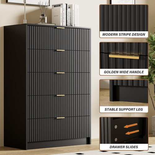 Furniway Black Dresser - Modern 5-Drawer Chest with Smooth Slides & Golden Handles | 15.7" D x 31.5" W x 47.2" H