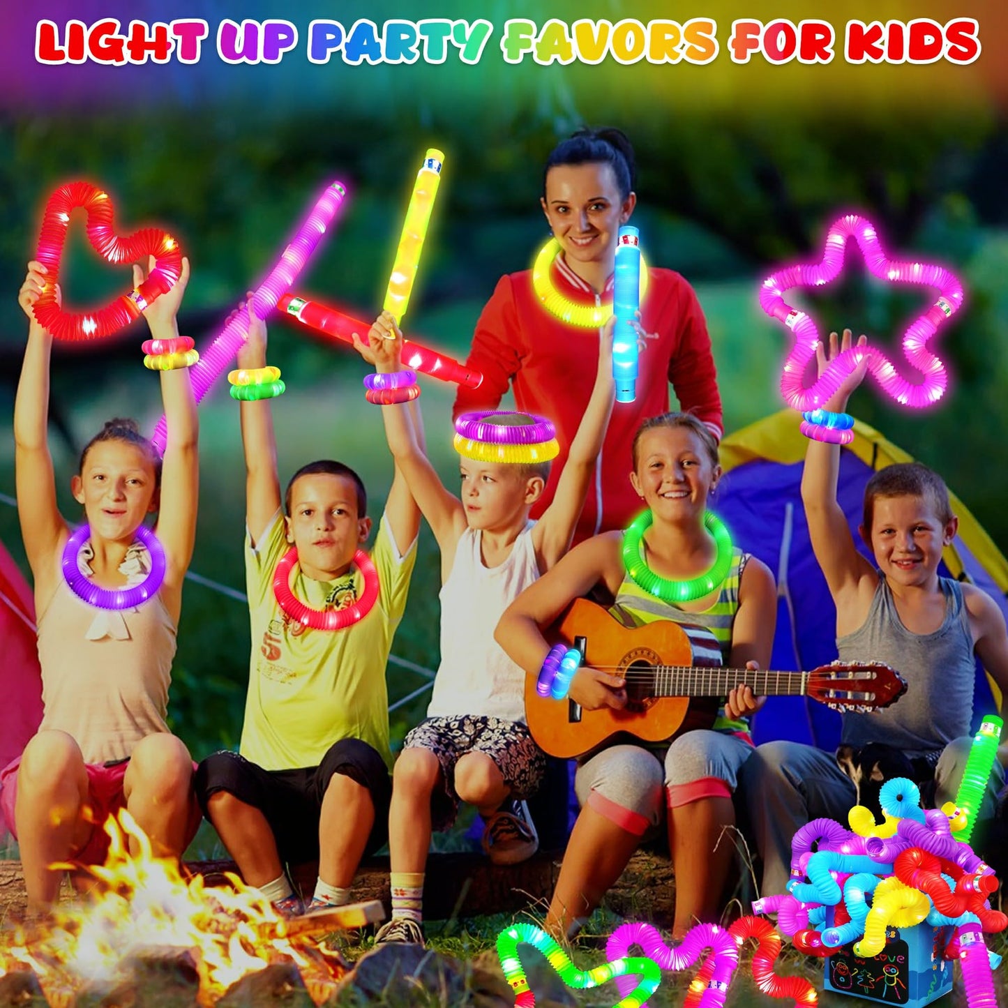 24 Pcs Large Glow Sticks for Kids,Christmas Light Up Pop Tubes Party Favors,Valentine Glow In The Dark Bulk Toys Classroom Supplies,Led Necklace Goodie Bag Stocking Stuffers Decor for Camping Dance