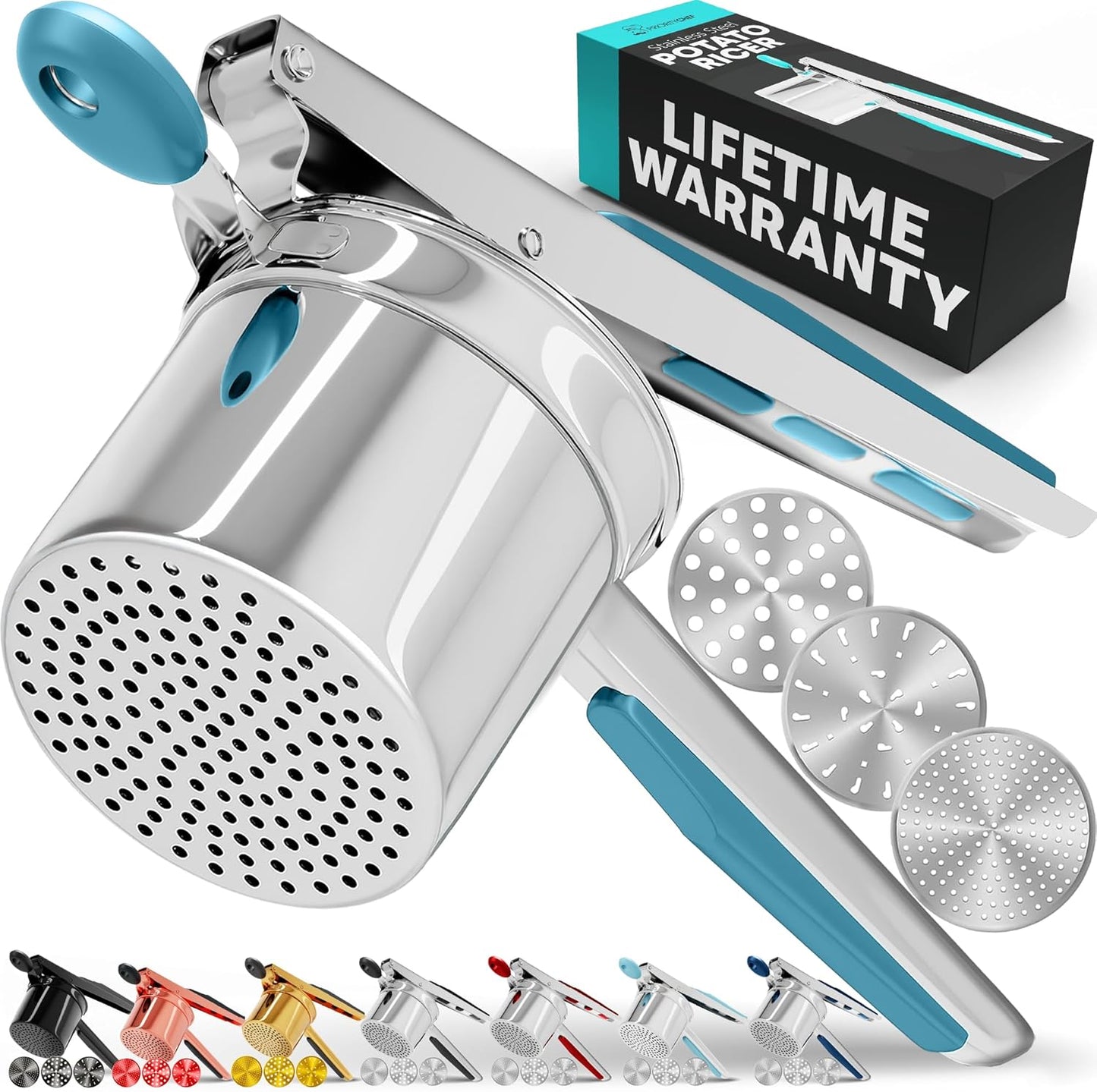 PriorityChef 15oz Potato Ricer - Heavy Duty Stainless Steel with 3 Discs for Perfect Mashed Potatoes | Turquoise