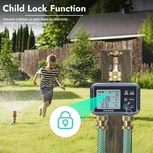 Insoma Water Timer - Brass Inlet & Outlet | 2-Zone Outdoor Hose Timer for Garden with Auto/Manual/Rain Delay