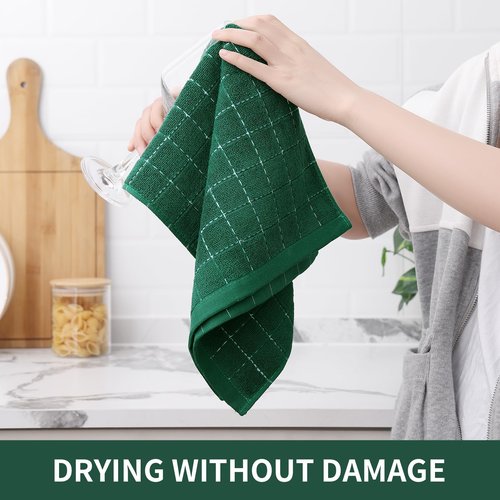 Homaxy 100% Cotton Terry Kitchen Towels(Dark Green, 13 x 28 inches), Checkered Designed, Soft and Super Absorbent Dish Towels, 12 Pack