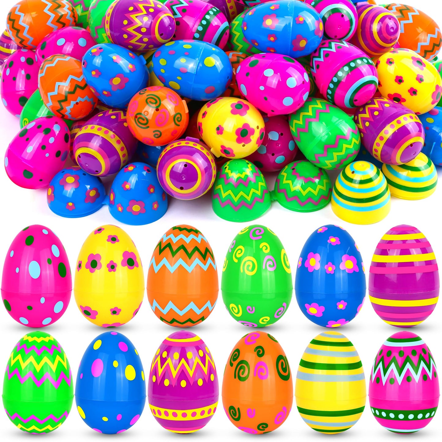 NAWITDA 60 Pack 2.4 Inch Plastic Printed Easter Eggs, Empty Fillable Eggs Bulk for Easter Egg Hunt, Easter Basket Stuffers Fillers, Classroom Prize Supplies, Filling Treats and Party Favors