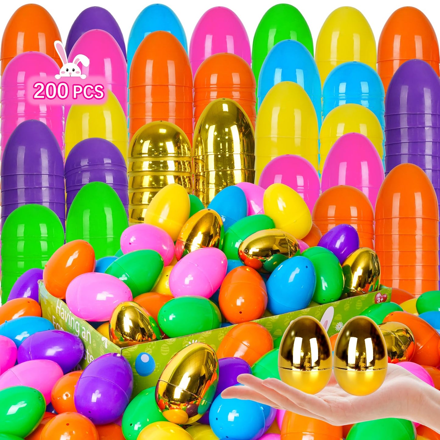ZICZLI 200 PCS Fillable Plastic Easter Eggs with 6 Golden Eggs, 2.4 Inch Empty Colorful Eggs for Kids Boys Girls Easter Hunt Party Supplies Classroom Rewards Basket Stuffers Easter Party Favors