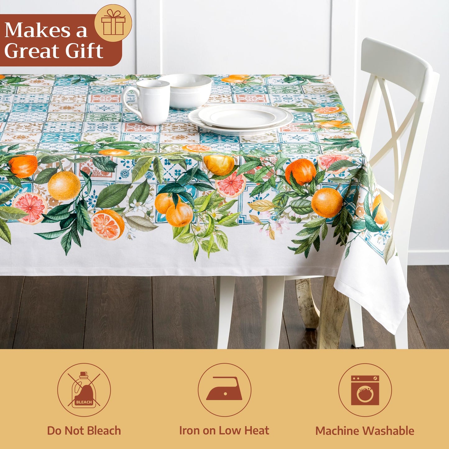 Maison d' Hermine Table Cloth Rectangle Table 100% Cotton 60 x 90 Inches Tablecloth Reusable Decorative for Dining Kitchen Room Farmhouse Home Gifts for Mothers Day Spring Summer - Agrume