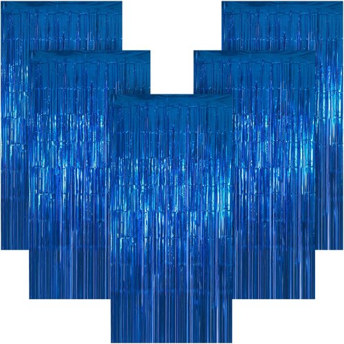 5 Pack 3.28ft x 6.56ft Blue Metallic Tinsel Foil Fringe Curtains, Photo Booth Backdrop Party Decorations for Birthday Wedding Baby Shower Graduation Bachelorette New Years