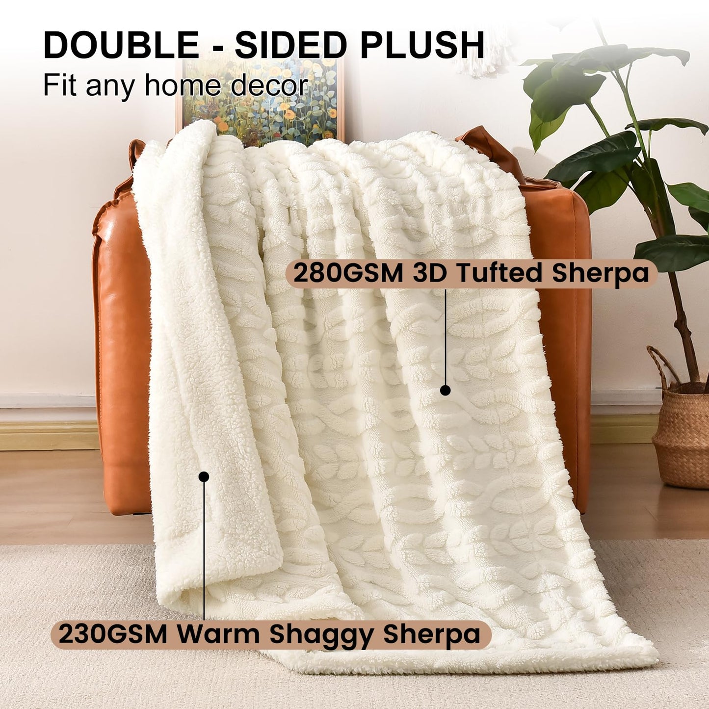 PHF Fluffy Sherpa Blanket King Size for Winter, Warm and Soft, 510GSM 3D Jacquard Thick Shaggy Fleece Plush Blanket for Sofa Bed, Cream, 108"x90"