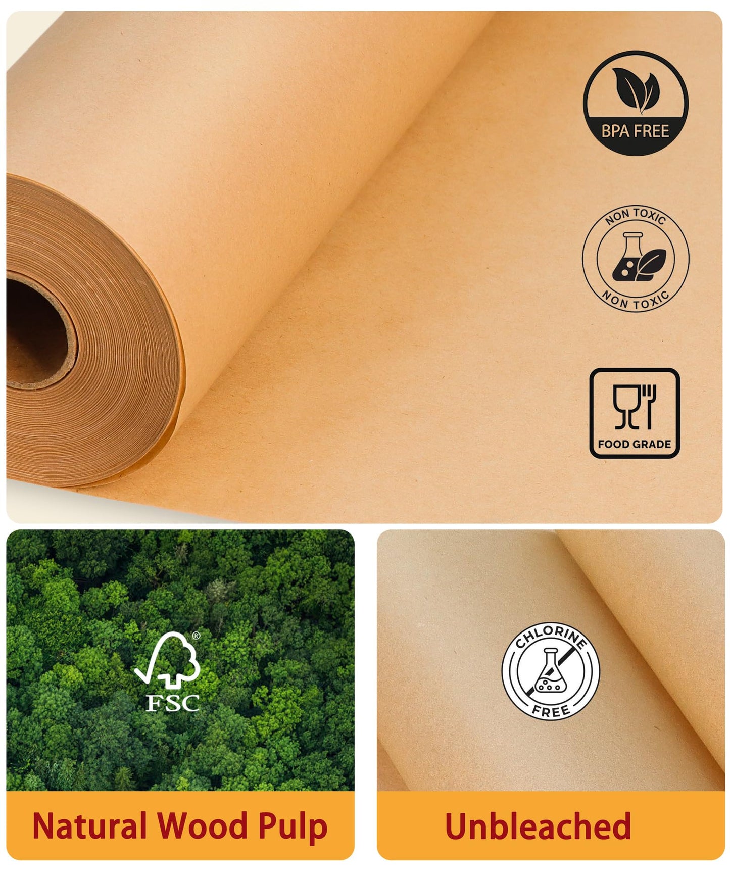 GENLGE 300 Sq. Ft Unbleached Parchment Paper Roll – 12" x 300 ft, Non-Stick Brown Baking Parchment Paper, Heavy Duty for Oven, Air Fryer & Grilling