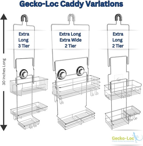 Gecko-Loc Shower Caddy - Extra-Long Adjustable Rustproof Stainless Steel Organizer with Suction Stabilizer & Hooks - Tool-Free Installation (Silver)
