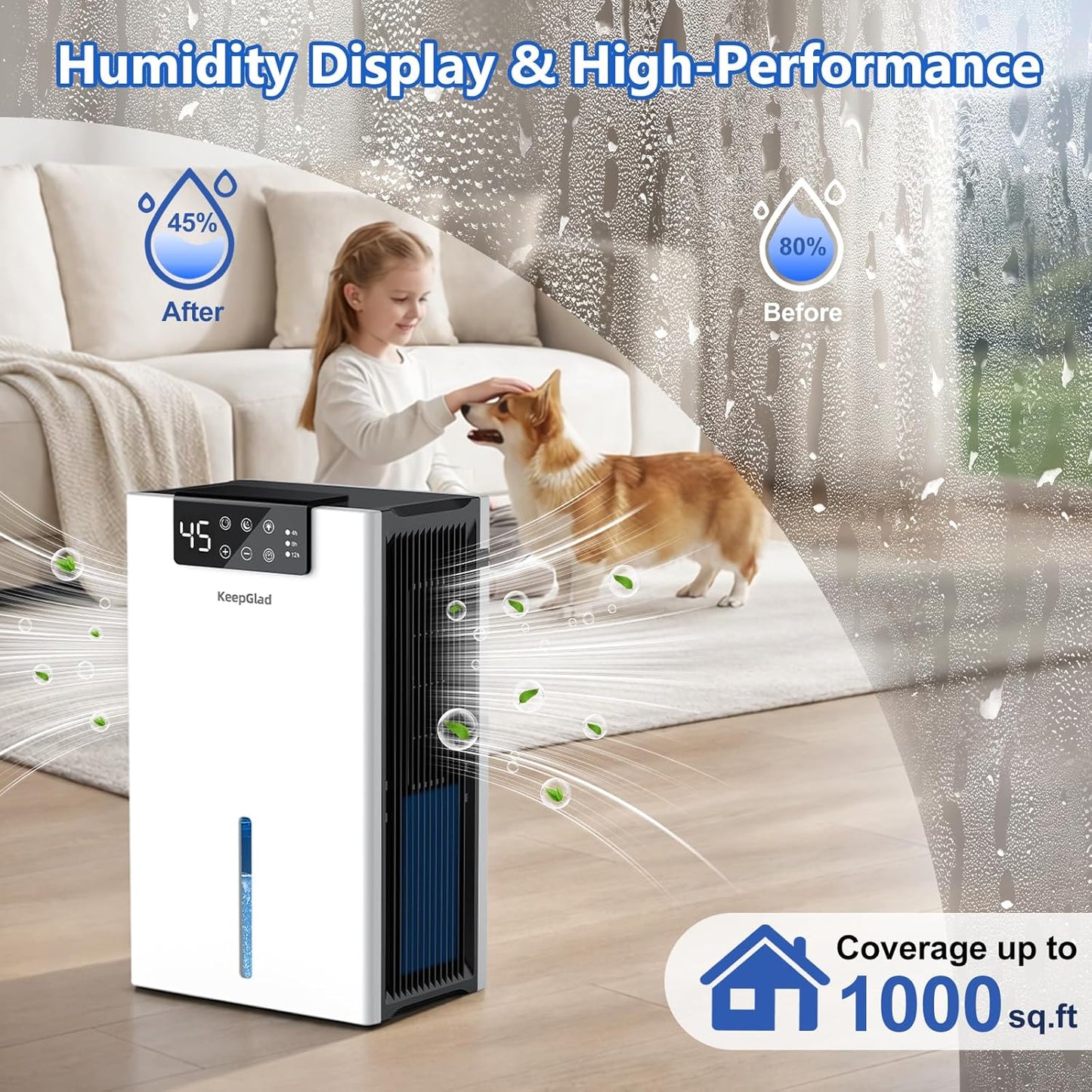 KeepGlad Dehumidifier - 98oz Humidity Control for Home | Auto Shut Off, Washable Filter, 1000 sq.ft, White