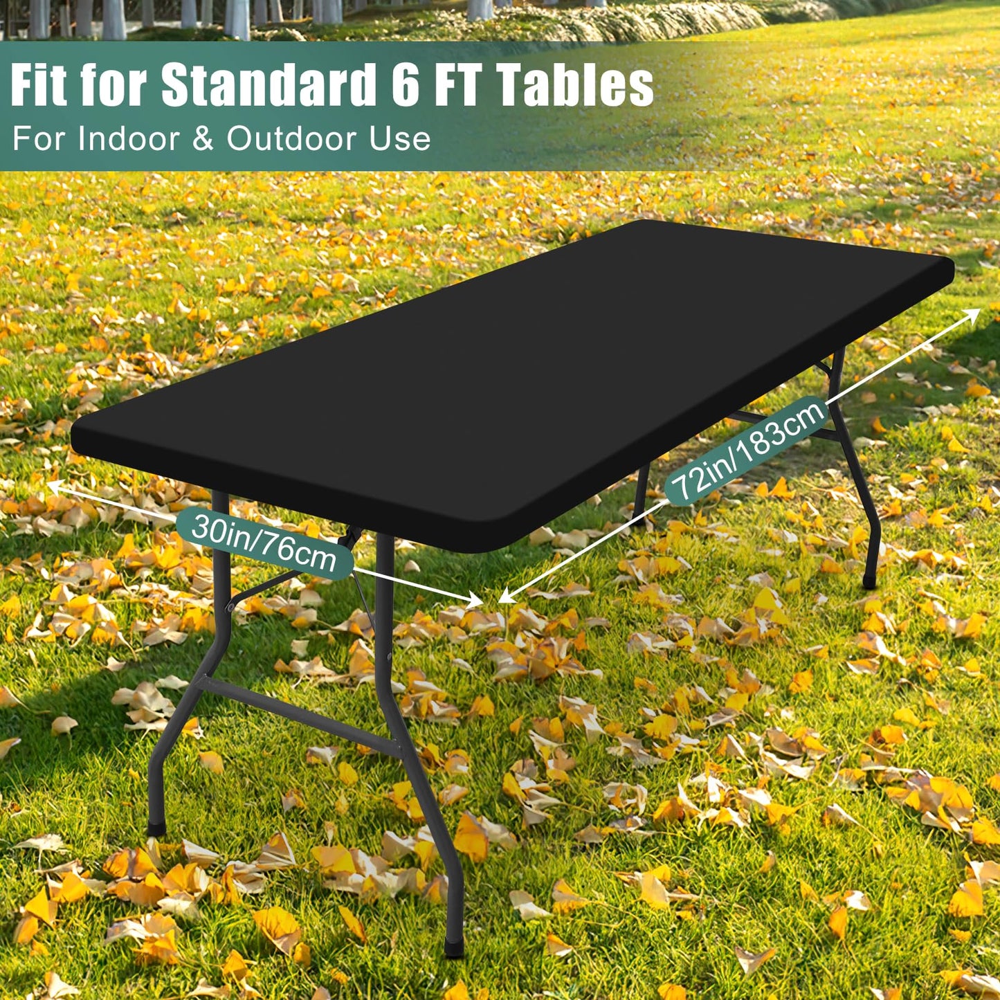 Smiry Rectangle Picnic Table Cloth, Reversible Elastic Fitted Tablecloths for 6 Foot Tables, Waterproof Polyester Table Cover for Camping, Outdoor and Indoor (Black, 30"x72")