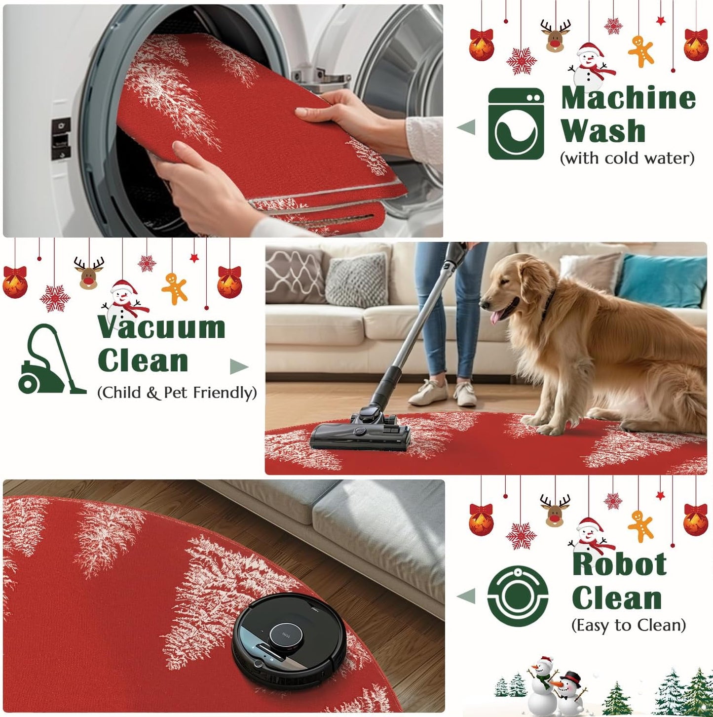 COLLACT Christmas Round Rug 5ft Area Rug Red Xmas Tree Washable Non Slip Soft Circle Round Holiday Decor Floor Carpet for Kitchen Bedroom Bathroom Laundry Foyer Nursery Living Room
