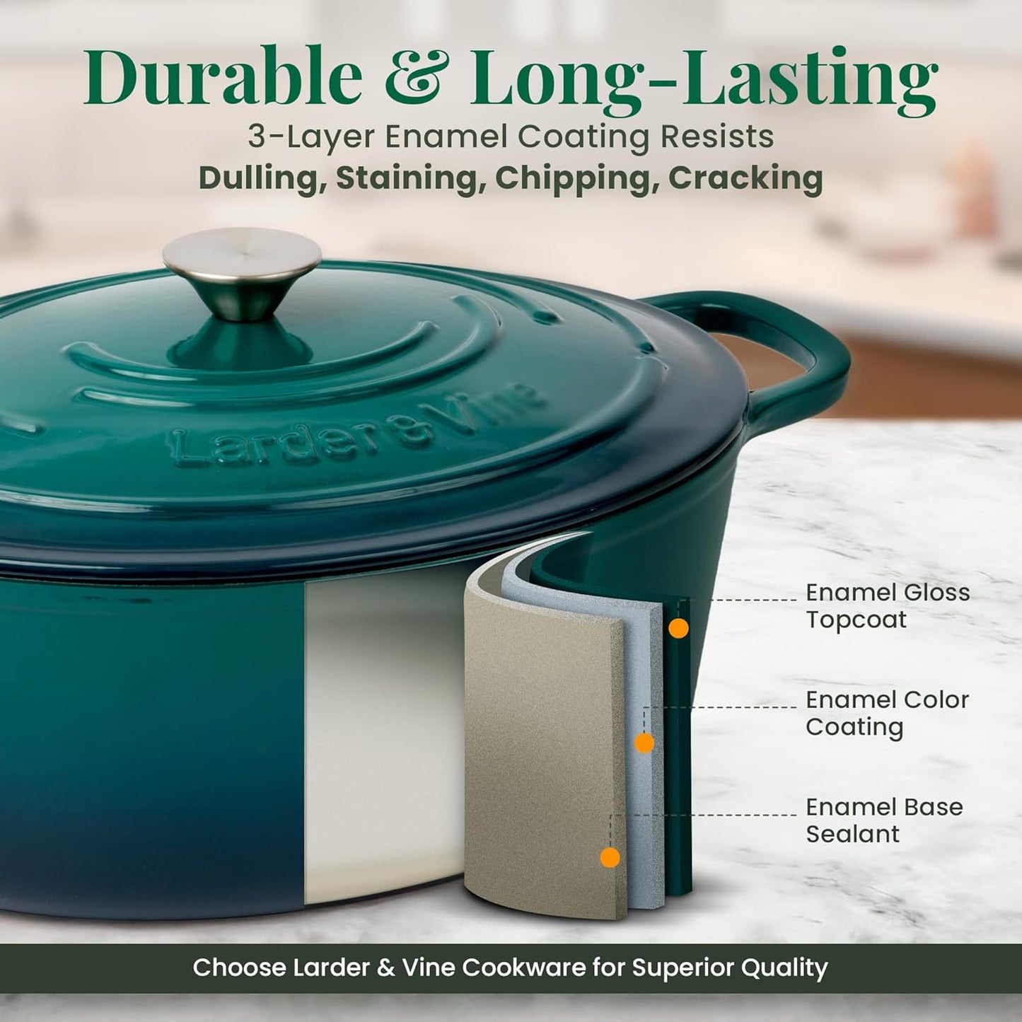 Larder & Vine Enameled Cast Iron Dutch Oven - 8 Qt | Ideal for Baking Sourdough Bread | Oven Safe to 500°F | Bondi Color