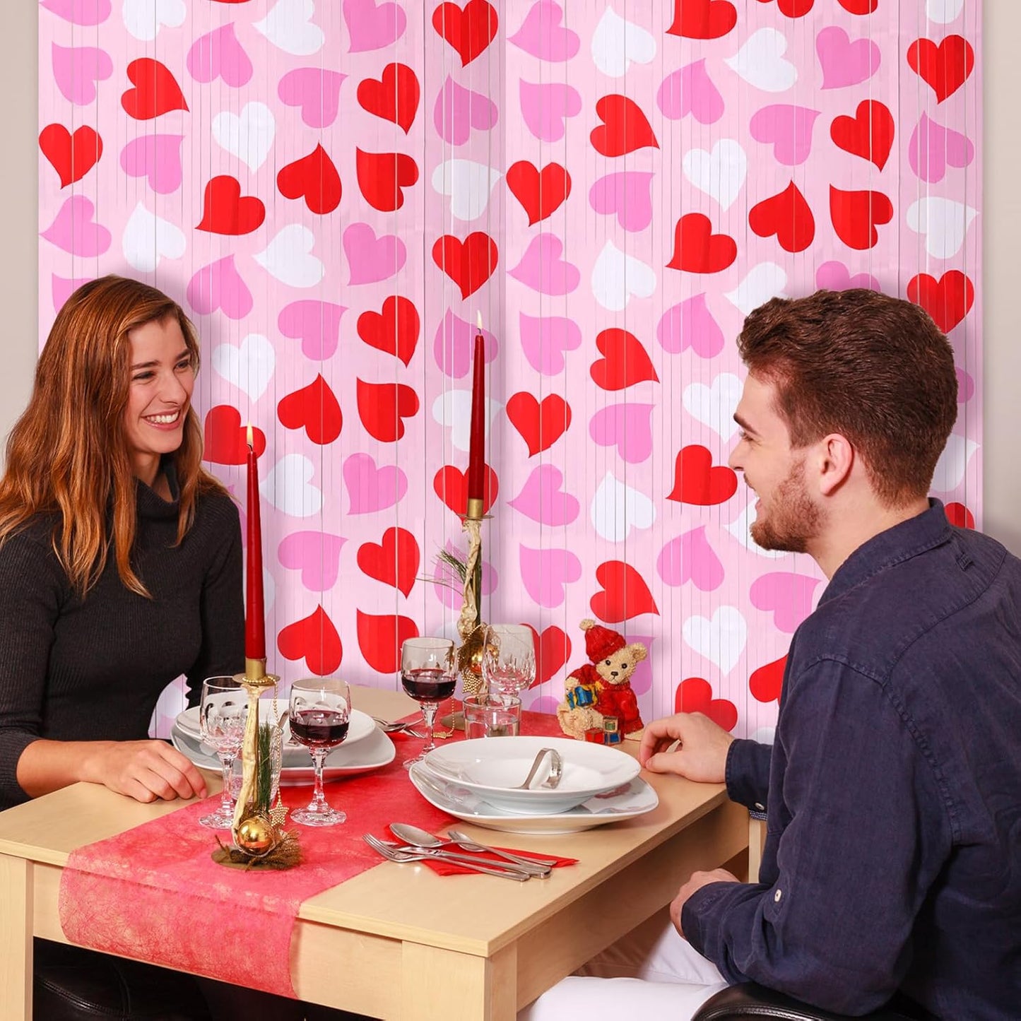 Mega-L Birthday Party Decorations - 2 Pack Red Pink White Heart Foil Fringe Curtains | 3.3X6.6 ft Tinsel Backdrop