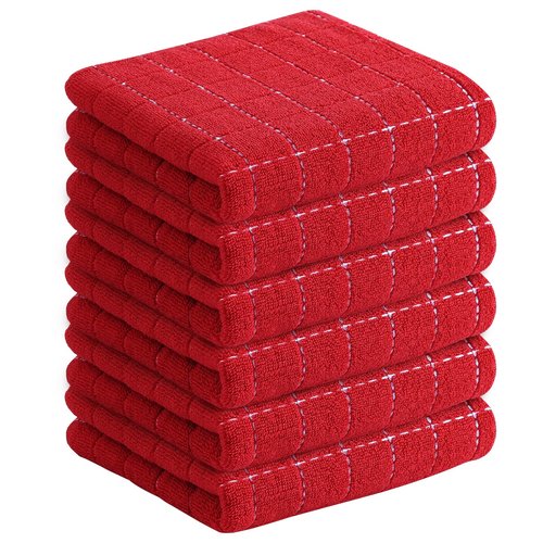 Homaxy 100% Cotton Terry Kitchen Towels(Red, 13 x 28 inches), Checkered Designed, Soft and Super Absorbent Dish Towels, 6 Pack