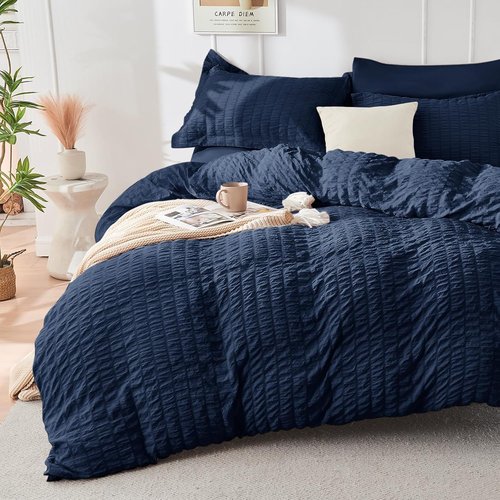 HYMOKEGE Twin Comforter Set - Navy Blue Seersucker 5-Piece Luxury Bedding Set | All-Season Comfort