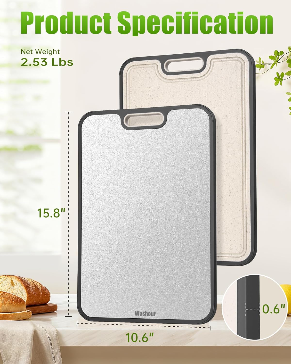 Stainless Steel Cutting Board - Non-Toxic 2-in-1 Double-Sided Design | Easy to Clean, Large 16”×11” Size