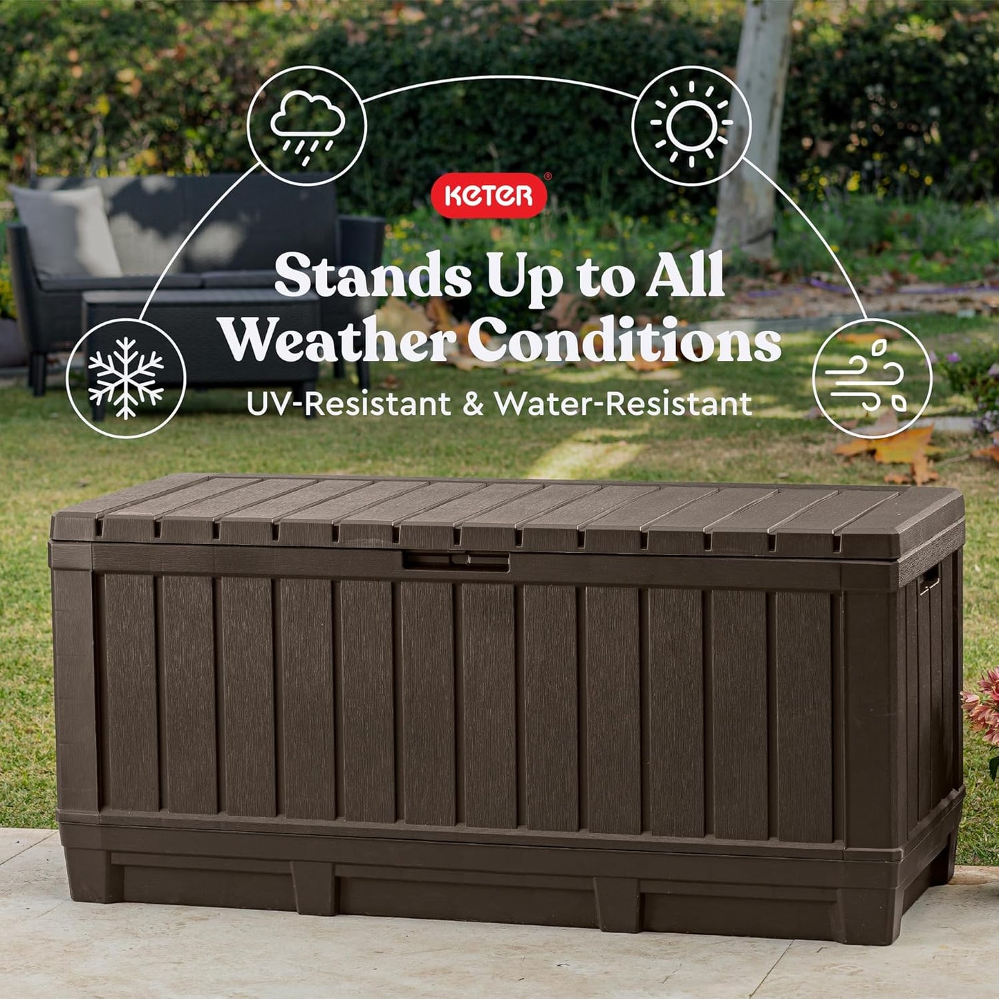 Keter Kentwood 92 Gallon Resin Deck Box - Outdoor Storage for Furniture, Cushions & Tools | Brown