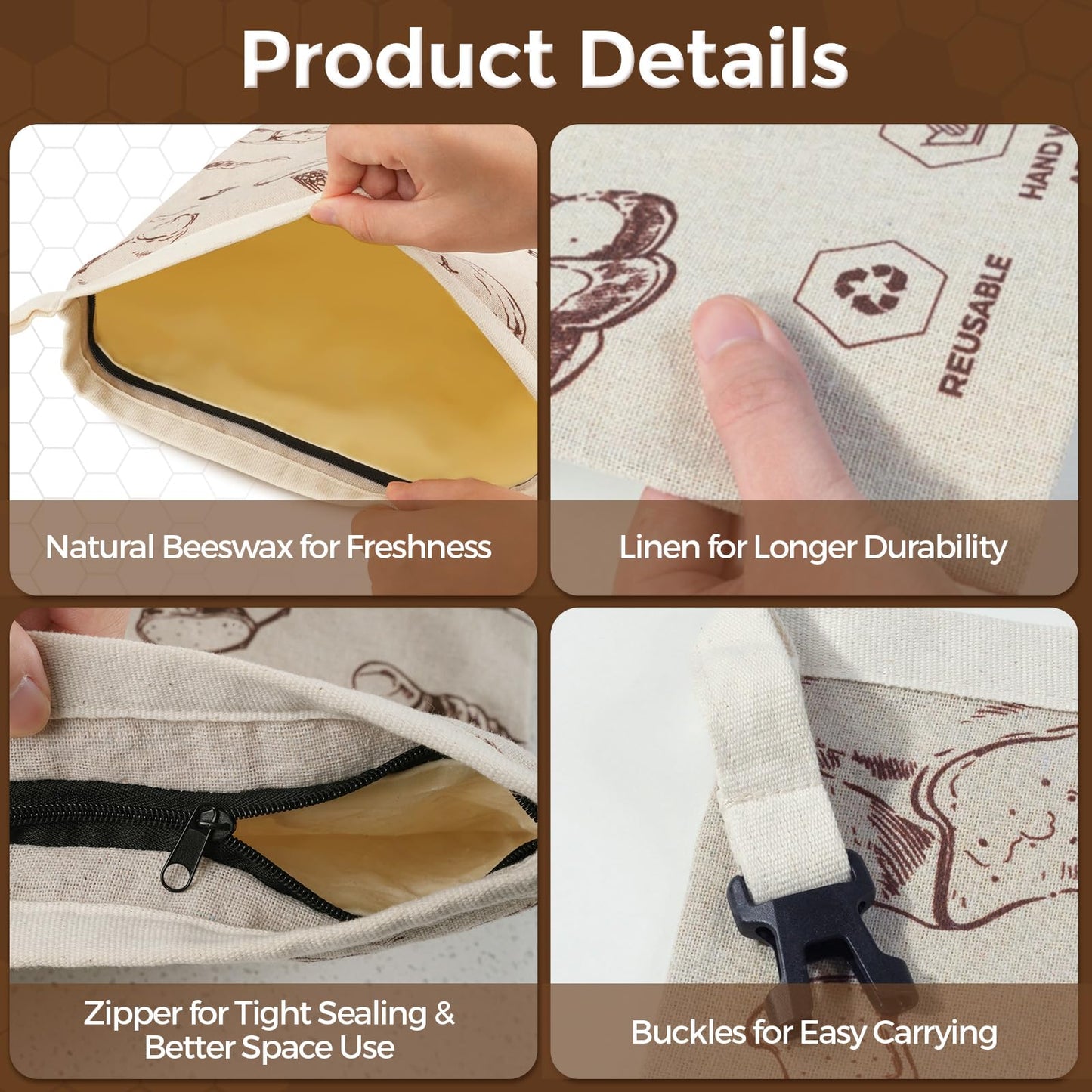 YARRAMATE Beeswax Bread Bags for Homemade Sourdough, Zipper Reusable Linen Food Storage Bags to Keep Loaf Fresh, Large Freezer Safe and Eco Friendly Bread Containers (Brown, 17x13", 2 Pack)