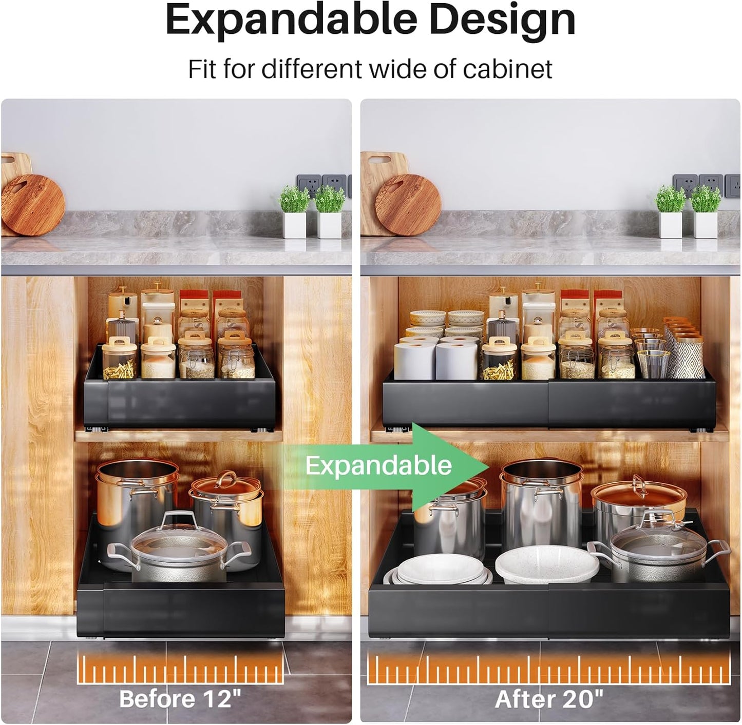 Skiennix Pull Out Cabinet Organizer - Expandable Heavy Duty Slide-Out Drawer (12"-20") for Kitchen & Bathroom Storage