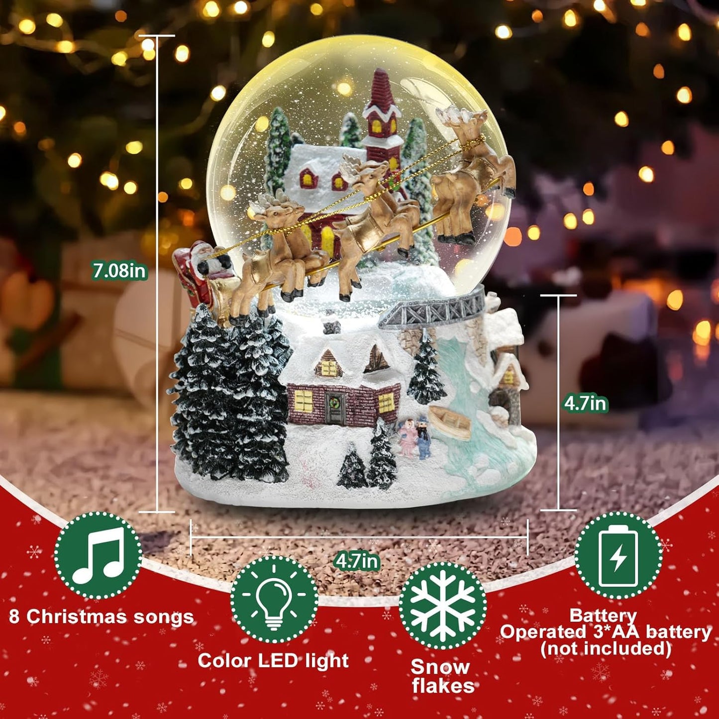 Skiennix 7'' Christmas Snow Globe - Light-Up Musical Decoration with Santa Sleigh & Reindeer