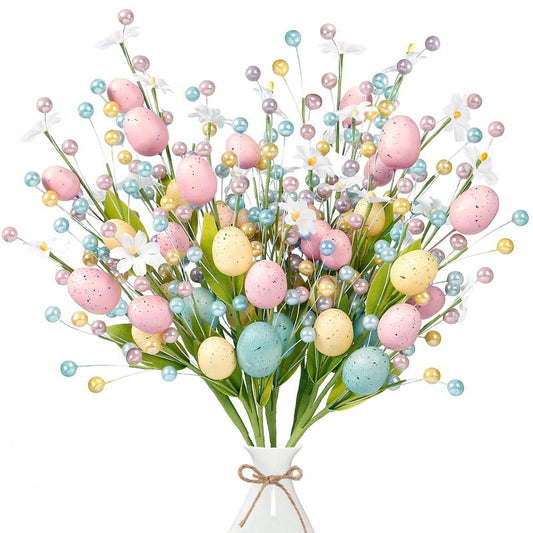 Sggvecsy Artificial Easter Stems 6 Pcs Spring Berry Picks with Eggs Colorful Berries Leaves Twig Branches Easter Sprays for Arrangement Centerpiece Celebration Home Vase Decor