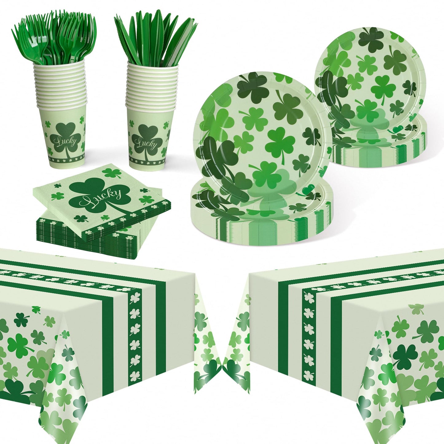 Childom St Patricks Day Party Supplies Decorations,147 Pcs Disposable St Patricks Day Tableware Set with Green Plastic Tablecloth Knives Fork,Paper Plates Napkin Cups for St Patrick's Day Decorations