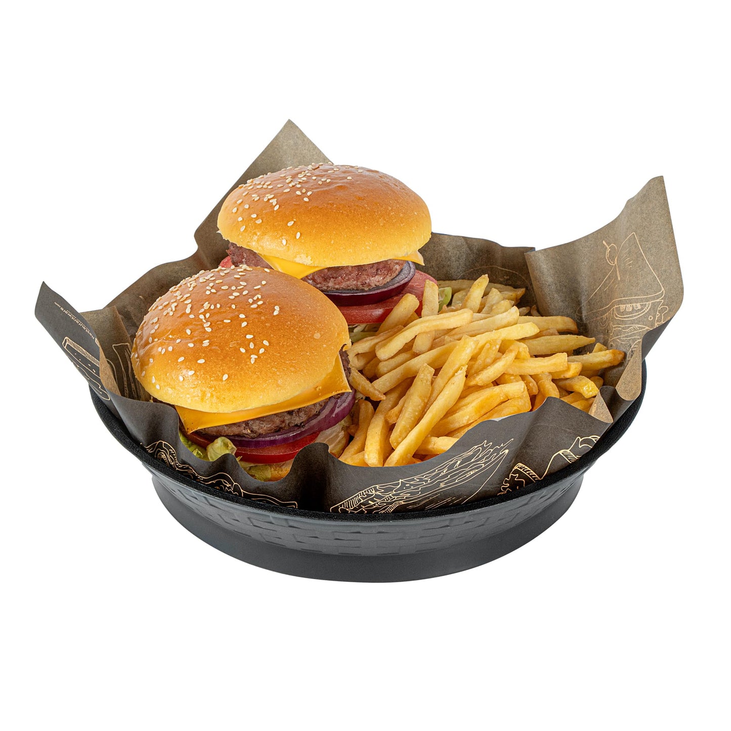 Restaurantware Round Serving Baskets 10 Pack of 10.47 x 2.17 Inch with Base Drainage Slots Microwavable Dishwashable Stackable Plastic Black Food Serving Trays for Restaurants and Catering