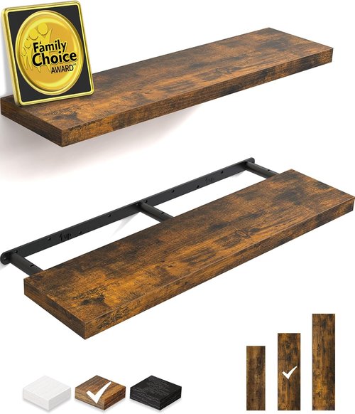 BAYKA Floating Shelves - 36-Inch Rustic Wood Wall-Mounted Shelves for Home & Office | Set of 2 (Brown)