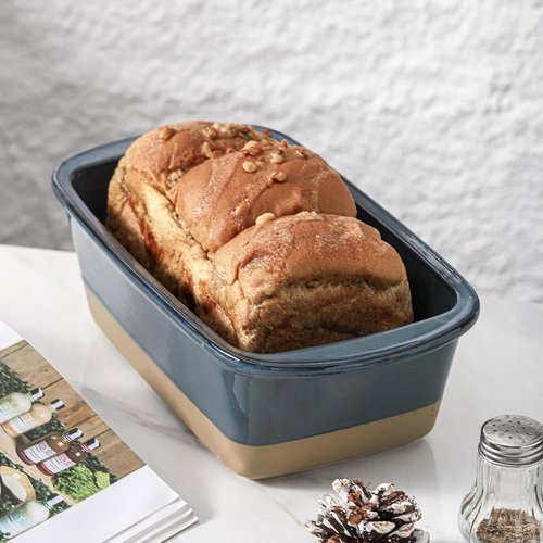 HVH Ceramic Loaf Pan - 9 x 5 Inch Rectangular Baking Dish for Farmhouse Style Bread (Blue)