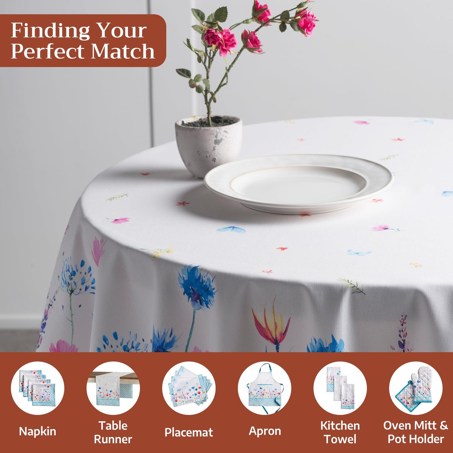 Maison d' Hermine Table Cloth Round Table 100% Cotton 69 Round Inches Tablecloth Reusable Decorative for Dining Kitchen Room Farmhouse Home Gifts for Mothers Day Spring Summer - Flower in The Field