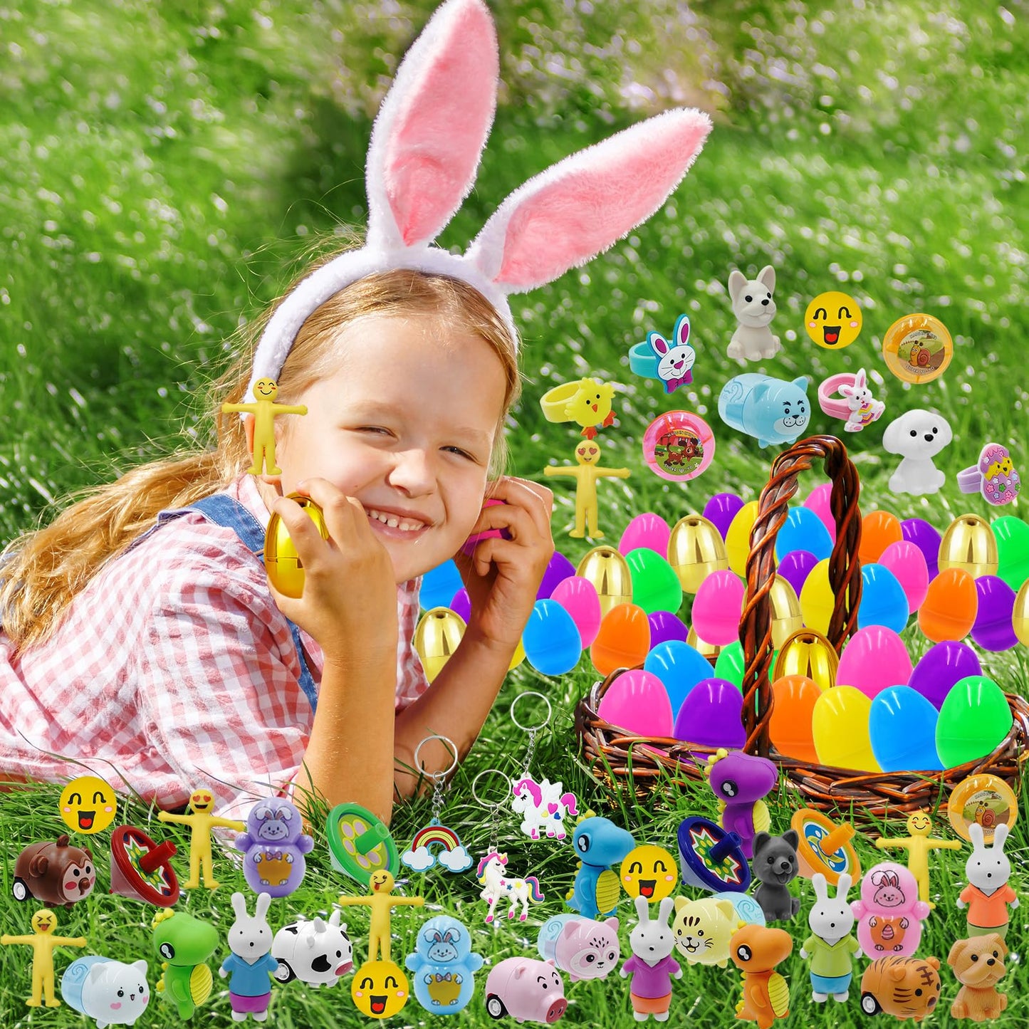 PIONJOY 50PCS Prefilled Easter Eggs with Toys ,50 Plastic Easter Eggs Fillers with Assorted Toys Easter Basket Stuffers for Kid Toddler Boys Girls Party Favors