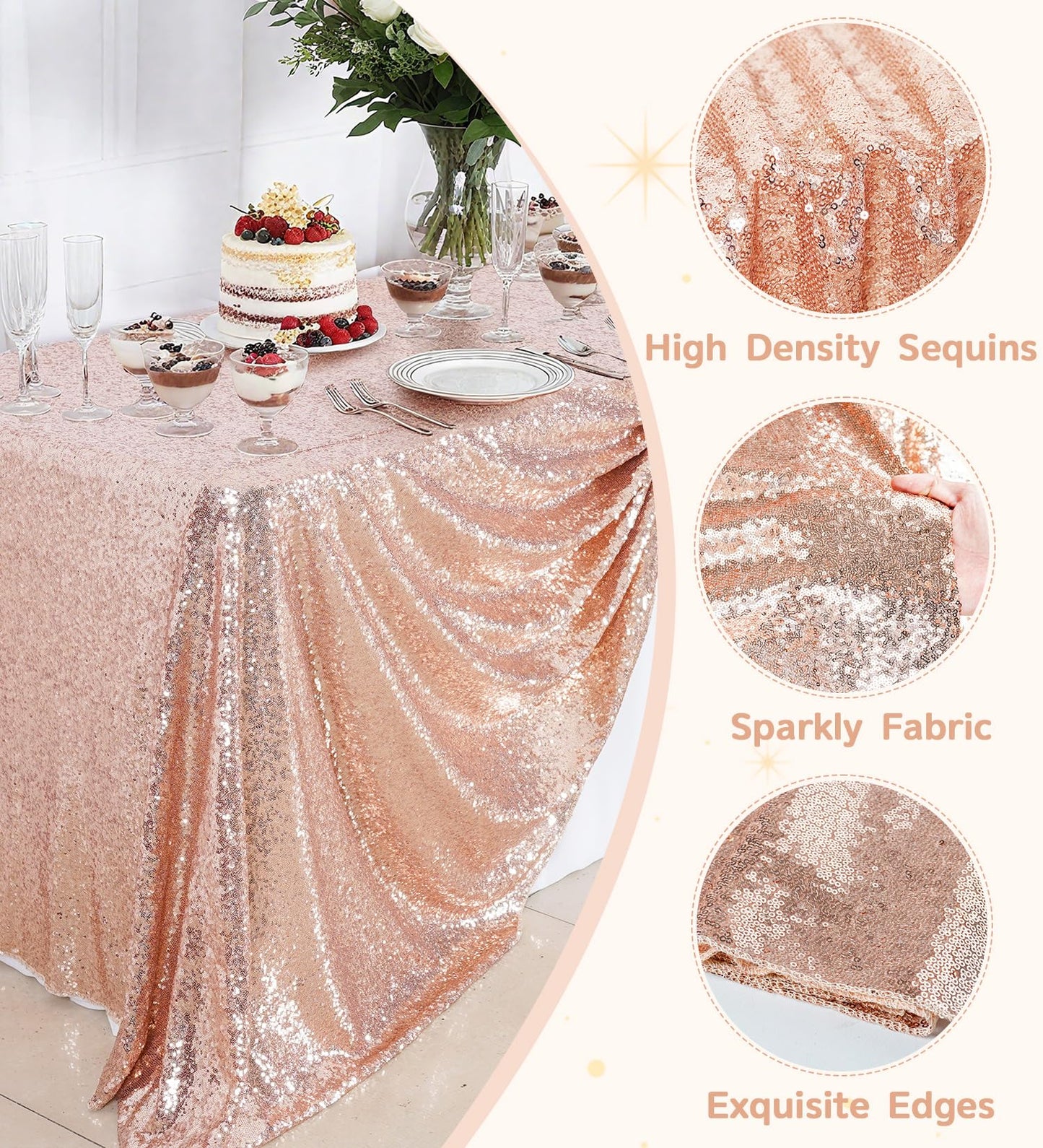 Juya Delight 60" x 120" Rose Gold Rectangle Sequin Tablecloth for Party Dinner Banquet Festival Wedding Anniversary Exhibition Dessert Table
