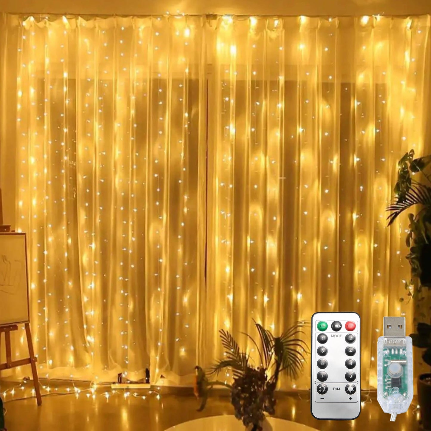300 LED Curtain String Lights, Fairy String Lights with 8 Light Modes & Remote Controlled, 9.8x9.8ft Indoor Outdoor String Lights for Christmas, Weddings, Party, Bedroom, Wall, Window (Warm white)