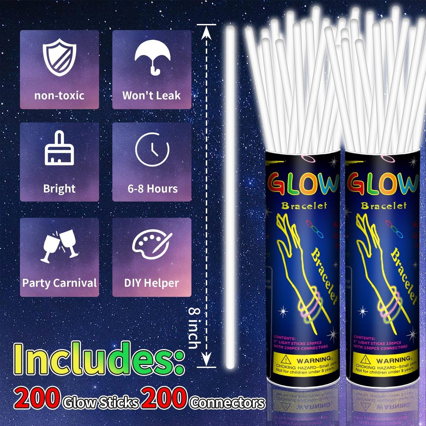 Taikula 200 Pack 8'' Glow Sticks Bulk Party Favors White Light Up Sticks with Connectors Neon Glow in the Dark Party Supplies Bracelets for Holiday Birthday Party Decoration(White)