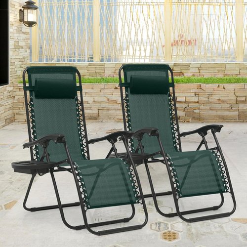 Athena Collection Zero Gravity Lounge Chair Set of 2 - Reclining Pool Chairs with Cup Holder | Green