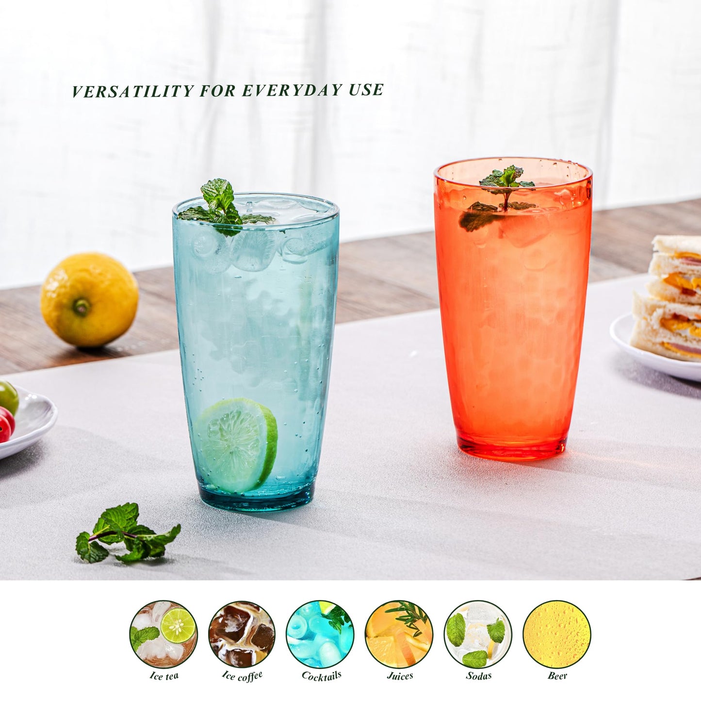 MIYOPESI 20oz Coloful Acrylic Glasses Drinkware (Set of 6), Hammered Design Shatter-Proof Plastic Cups, Reusable Plastic Large Drinking Tumblers, Stackable, BPA-Free, Dishwasher-Safe