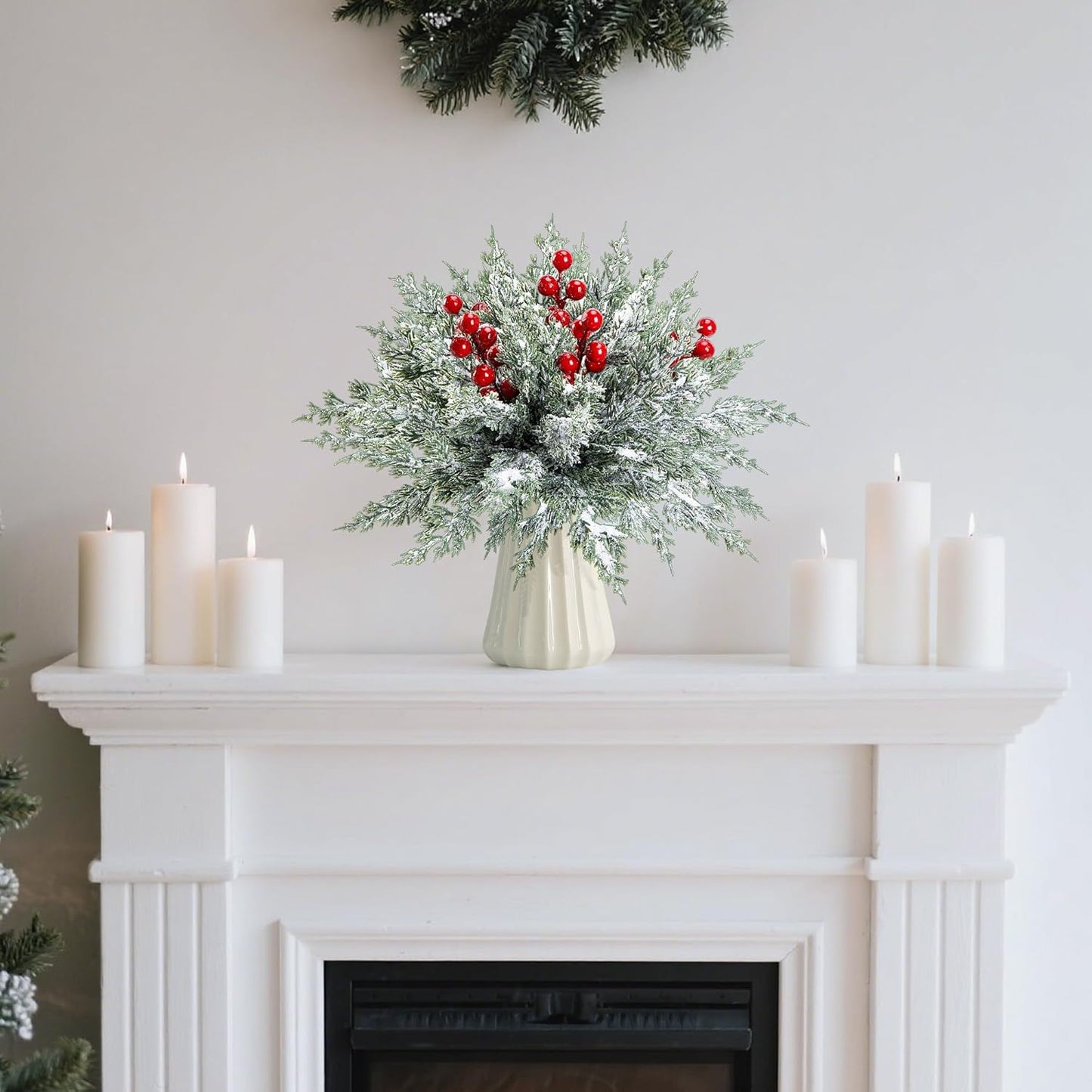 Skiennix 45 Pcs Artificial Christmas Snow Pine Branches - Snowy Faux Greenery with Red Berries for Home Decor