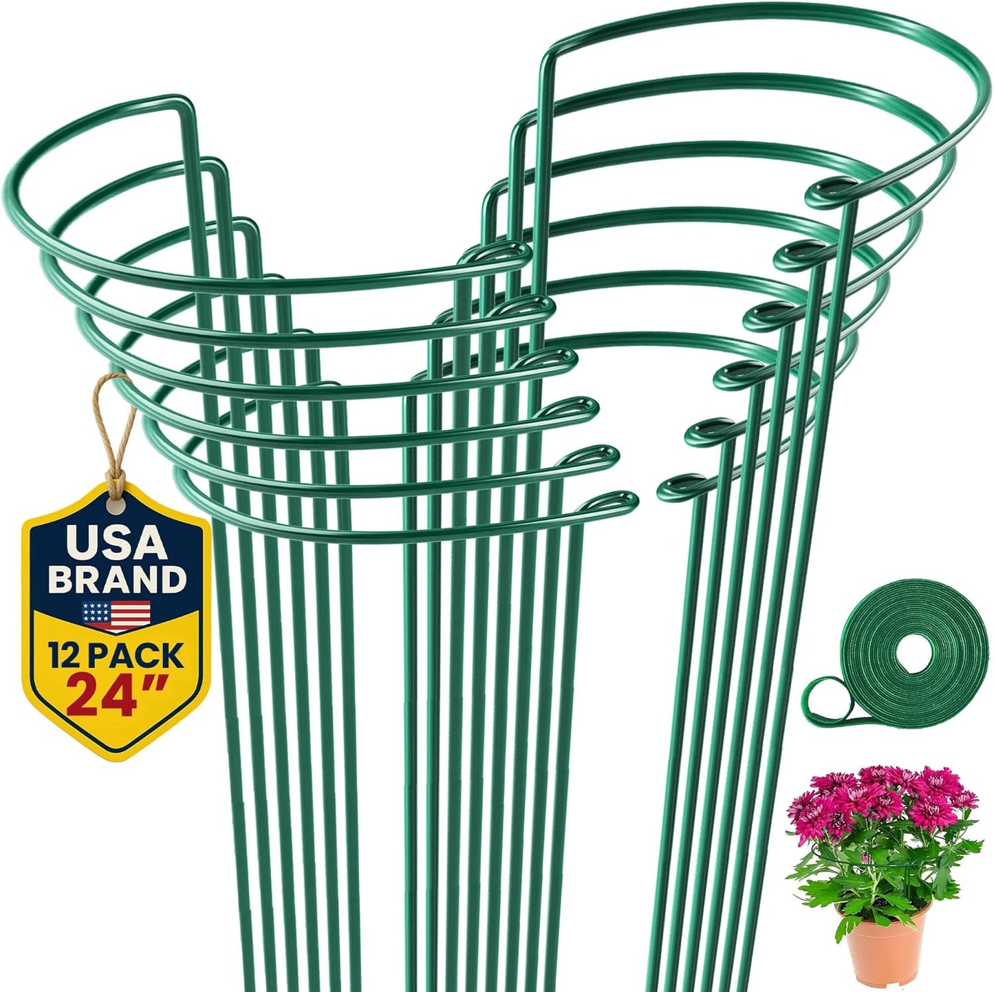 12 Pack Tall Snake Plant Support Stakes - 24" High Half Round Cages for Indoor/Outdoor Plants | Ideal for Peonies, Tomatoes, Hydrangeas, Roses