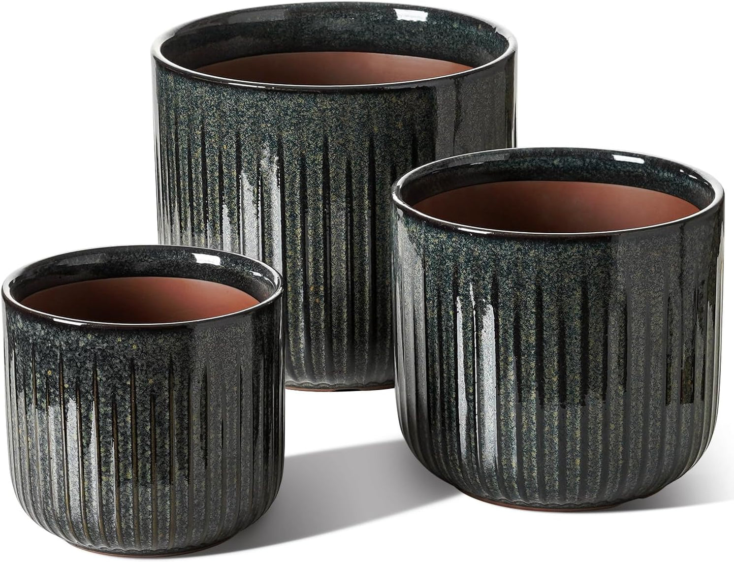 LE TAUCI Ceramic Plant Pots - Set of 3 Indoor Planters with Drainage Holes | 8.3/7/6 Inch Dark Olive Finish