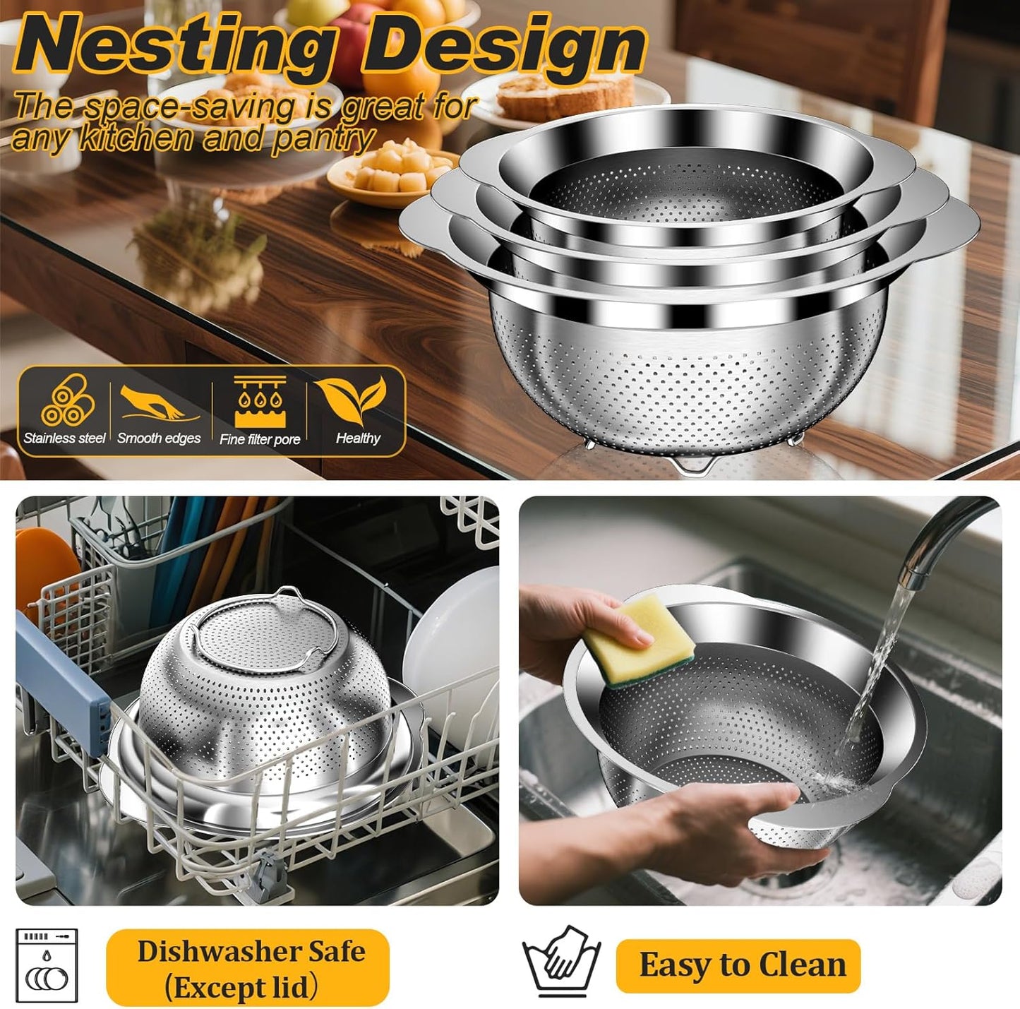 Stainless Steel Colander Set by [Brand Name] - 3-Piece Kitchen Strainer with Handles | Perfect for Pasta, Vegetables & Fruits (2QT, 3QT, 5QT)